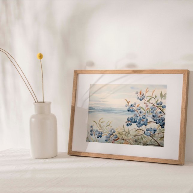 Poster Plante d'aquarelle de fruits bleuets de mer Imprim (Watercolor print depicting a fruitful blueberry bush against a serene coastal backdrop.)