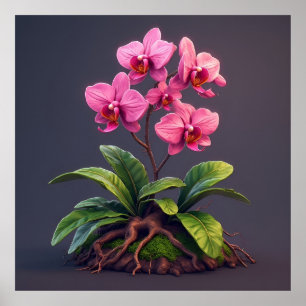 Poster Plante d'orchidée rose avec des feuilles vertes