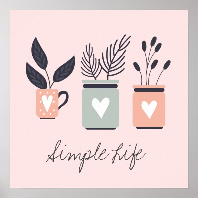 Poster Plantes de pot moderne rose et gris pastel (Devant)