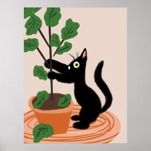 Poster Plantes en pot d'arbre à figues de chat drôle dess (Devant)