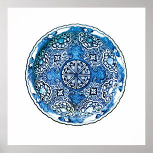 Poster Plaque chinoise antique, bleu Cobalt et blanc