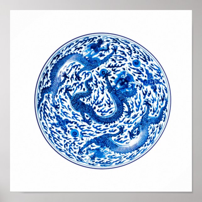 Poster Plaque chinoise antique, Dragons Bleus Cobalt (Devant)