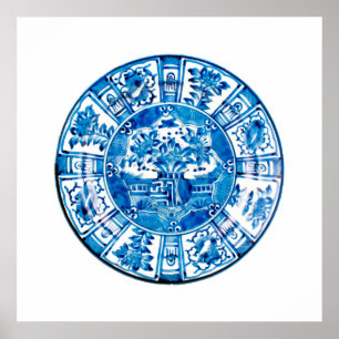 Poster Plaque chinoise antique, Vase à fleurs bleues