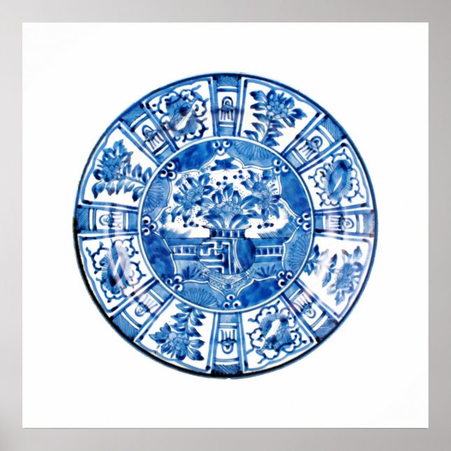 Poster Plaque chinoise antique, Vase à fleurs bleues (Devant)
