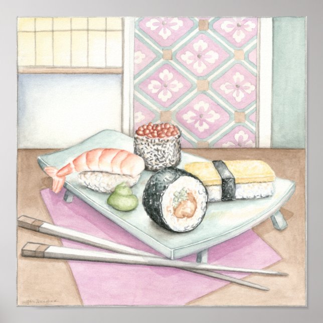 Poster Plaque de sushi assorté avec baguettes (Devant)