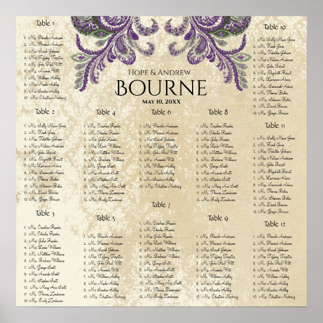Poster Plat de paon violet et vert Graphique 12 tableaux (Devant)