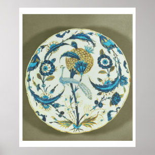 Poster Plat d'Iznik peint d'un paon perché au milieu de f