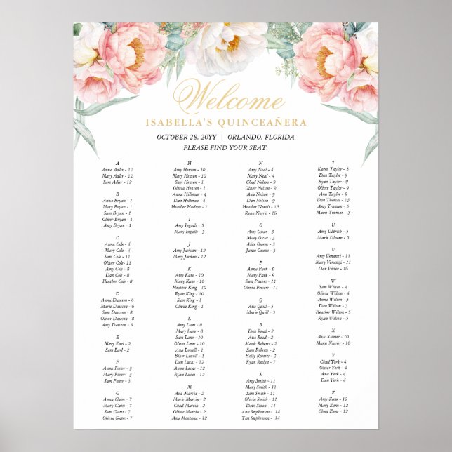 Poster Plate-forme rose et or Floral Quinceañera (Devant)