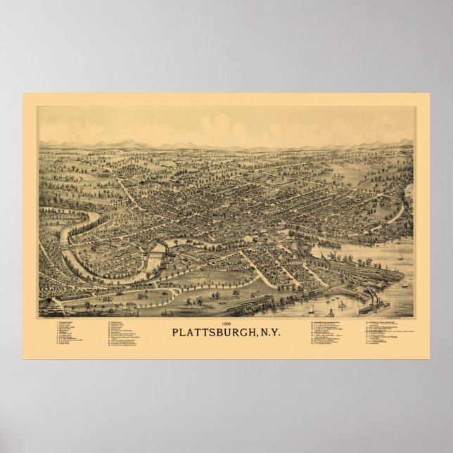 Poster Plattsburgh, NY Carte panoramique - 1899 (Devant)