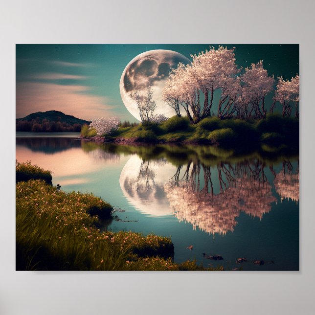 Poster Pleine lune aux arbres floraux roses (Devant)
