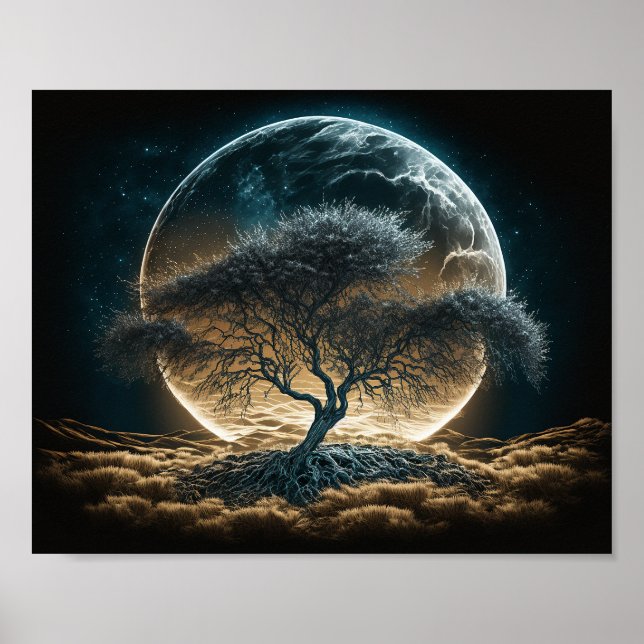 Poster Pleine lune avec arbre de racine (Devant)