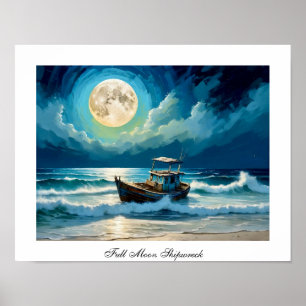 Poster Pleine lune colorée Old Shipwreck Seashore