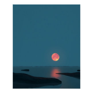 Poster Pleine lune cramoisie sur des eaux calmes