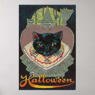 Poster Pleine lune de l'heure de sorcière de chat noir