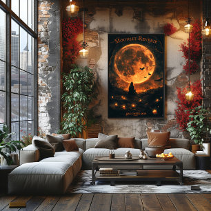 Poster Pleine lune d'Halloween avec chauves-souris, bougi