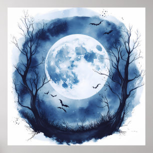 Poster Pleine lune éffrayante avec chauves-souris Hallowe
