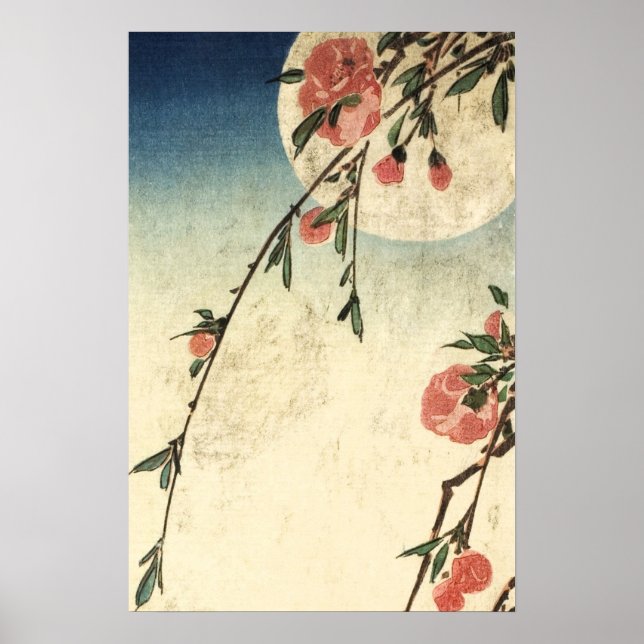 Poster Pleine lune Fleurs roses Art Vintage (Devant)