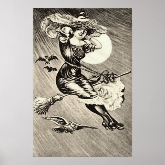 Poster Pleine lune Monochrome Sorcière Volant Broom Bat (Devant)