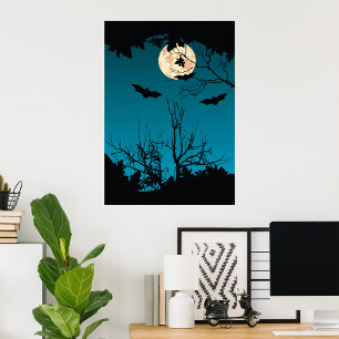 Poster Pleine lune nocturne d'Halloween éffrayante et cha