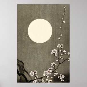 Poster Pleine lune noire blanche Cherry Blossom Art