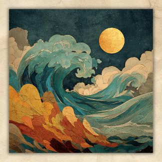 Poster Pleine Lune Océan Vagues – Plage Côtière Abstraite