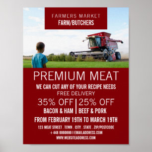 Poster Plougher en campagne, fermier et boucher publicité