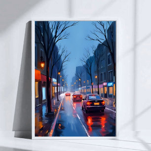 Poster Pluie à Boston   Rue du centre-ville Massachusetts