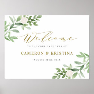 Poster Pluie de Mariage Couple Vert et Fleurs Blanches Or