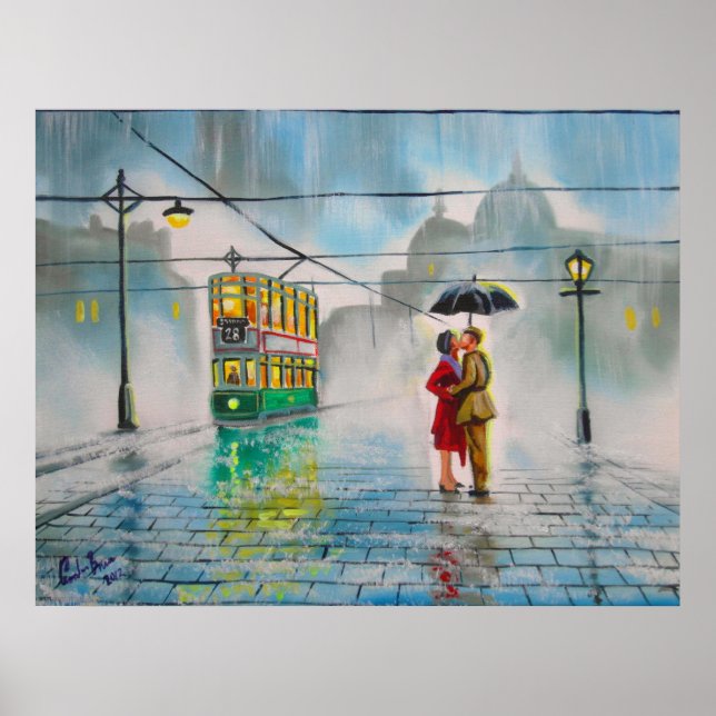 Poster pluie jour romantique couple parapluie tram peintu (Devant)