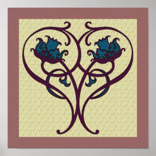 Poster Plum Et Blue Floral Art Design