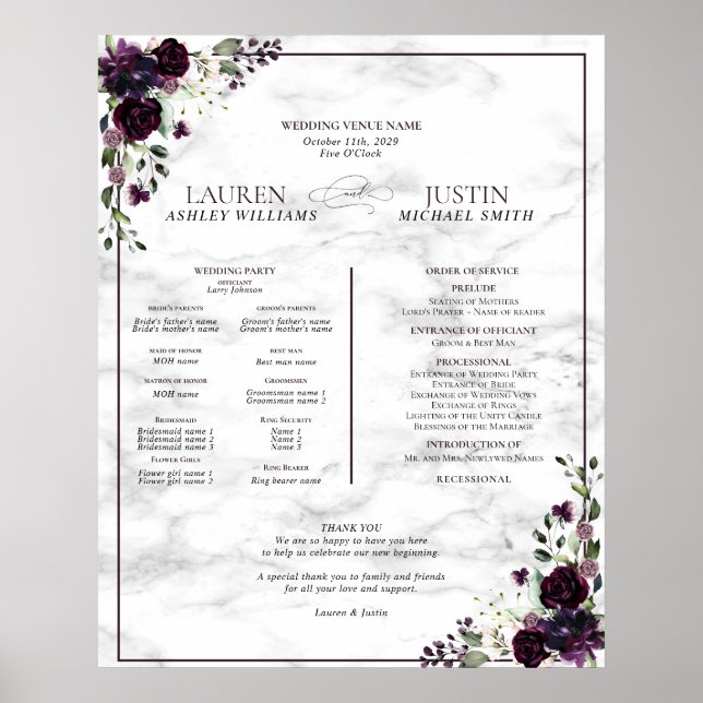Poster Plum Purple Floral Marbre Programme de mariage Pos (Devant)