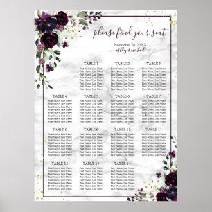 Poster Plum Purple Gold Floral Marble Wedding Seating