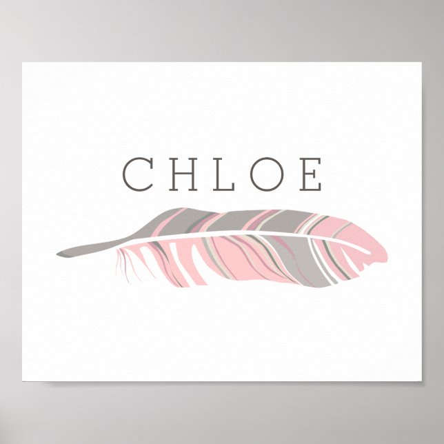 Poster Plume Rustique | Nom Personnalisé en Rose sur le M (Devant)