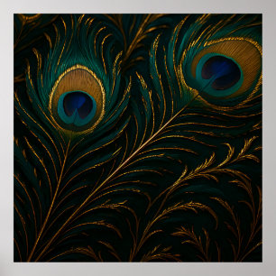 Poster Plumes de paon luxueuses motif sarcelle doré