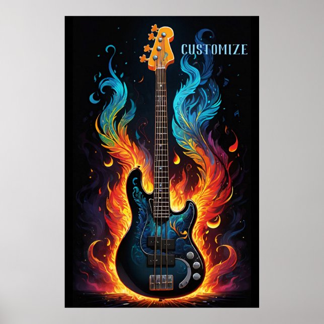 Poster Plumes Et Flammes Basse Électrique Guitare (Devant)
