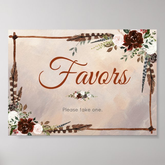 Poster Plumes rustiques de bois et fleurs florales (Devant)