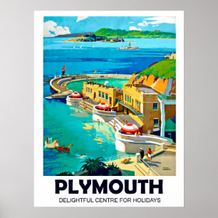 Poster Plymouth, paysage côtier, voyage vintage