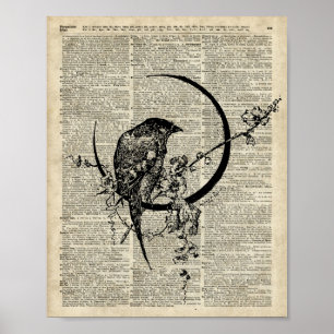 Poster Pochoir d'oiseaux de Corbeau noir sur l'ancienne p