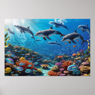 Poster Pod de dauphins dynamiques et poissons - Récif de 