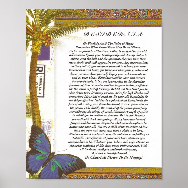 Poster Poème de Desiderata avec Palm Tree et Papillon (Devant)