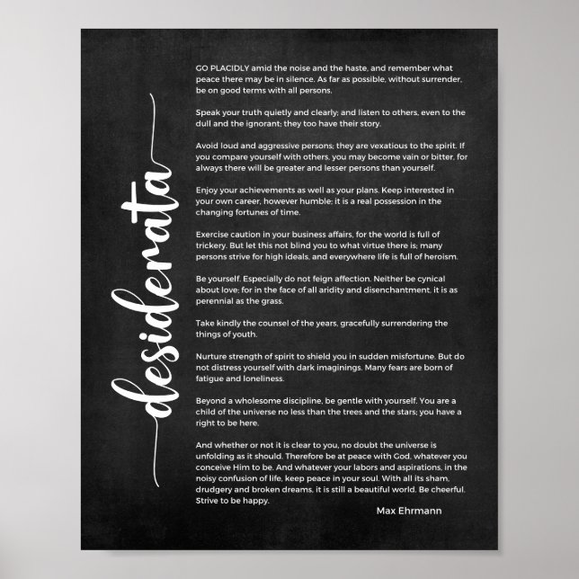 Poster Poème Desiderata de Max Ehrmann noir et blanc (Devant)