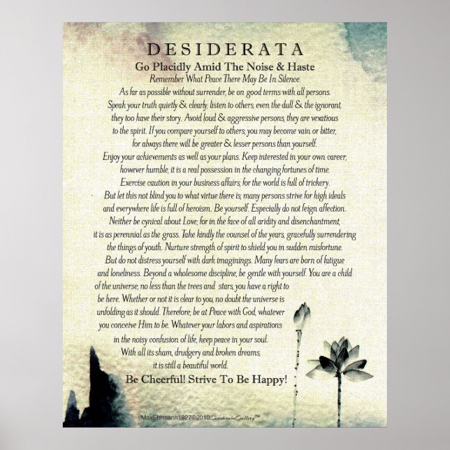 Poster Poème Desiderata par Max Ehrmann Aquarelle Lotus (Devant)