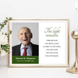 Poster Poème mémorial vert La lumière demeure avec photo