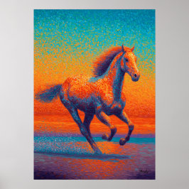 Poster Pointillisme de cheval en course sur la plage au c