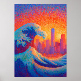 Poster Pointillisme Vague Océanique Silhouette de New Yor