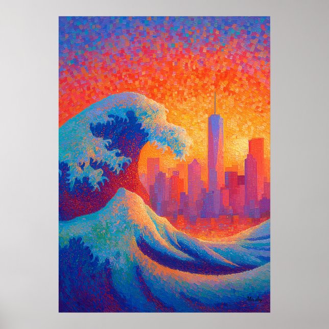 Poster Pointillisme Vague Océanique Skyline de New York (Devant)