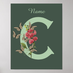 Poster Pois de senteur doux papillons Monogramme Initiale
