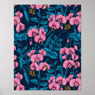 Poster Pois doux et bourdons, rose et bleu