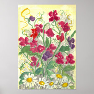 Poster Pois doux rouge Daisy Aquarelle Jardin Dessin