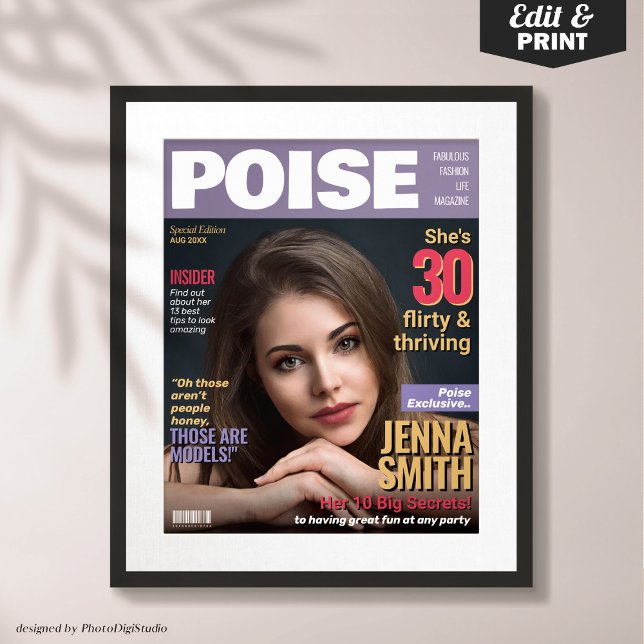 Poster Poise Magazine Couverture Modèle 30e anniversaire  (Custom Poise Magazine Cover Template, Thirty Flirty & Thriving 30th Birthday Poster Gift )